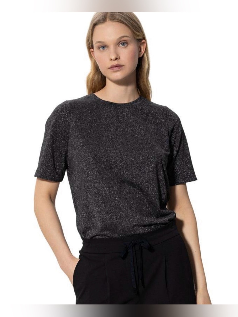 LUISA CERANO - Shiny Lurex t-shirt. Black sparkle. Size: 6 - pit to pit is 20.5
